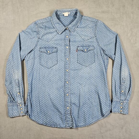 Levi’s Pearl Snap Shirt Womens XL Polka Dot Chambray Western Country Prairie - Picture 2 of 10